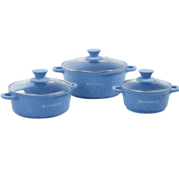 Wonderchef Granite Die Cast Non Stick 6 Piece Casserole Set with Lids   Induction Bottom   Soft Touch Handles   3.5mm Thick   2 Years Warranty   Grey