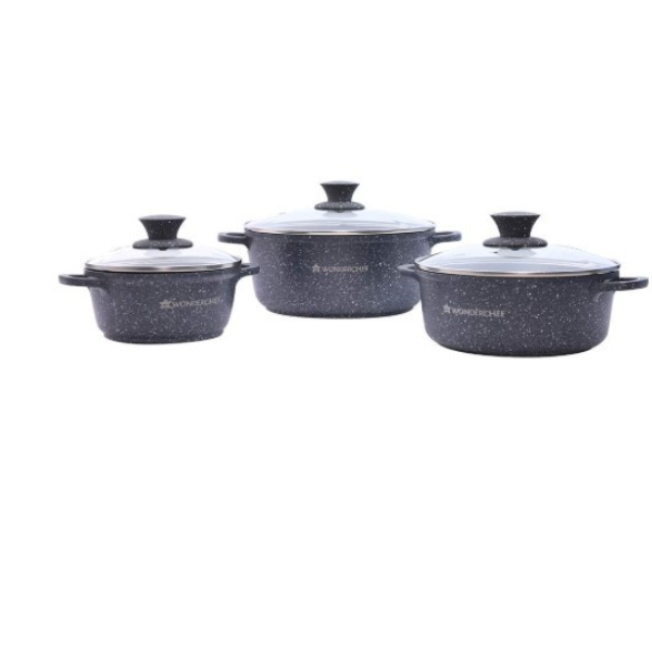 Wonderchef Granite Die Cast Non Stick 6 Piece Casserole Set with Lids   Induction Bottom   Soft Touch Handles   3.5mm Thick   2 Years Warranty   Grey