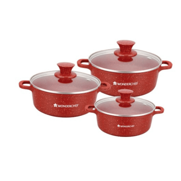 Wonderchef Granite Die Cast Non Stick 6 Piece Casserole Set with Lids   Induction Bottom   Soft Touch Handles   3.5mm Thick   2 Years Warranty   Grey