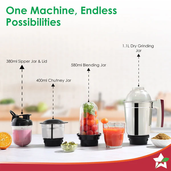 Acura Plus 500 W Mixer Grinder 4 Stainless Steel Jars with Sipper Jar - Image 5