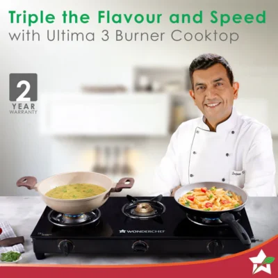 Ultima 3 Burner Manual Glass Gas Stove | 6mm Toughened Glass Gas Stove
