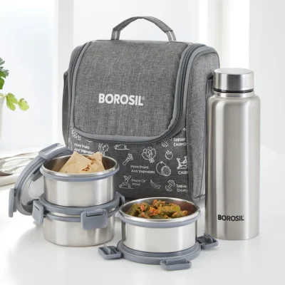 Slate Round Stainless Steel Lunchbox with Bottle