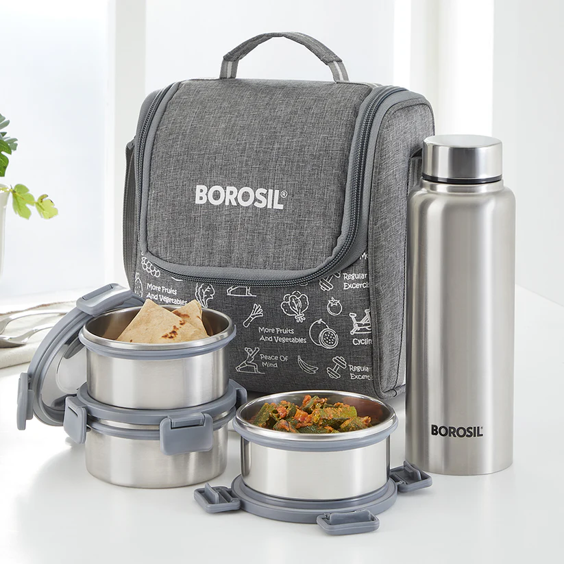 Slate Round Stainless Steel Lunchbox with Bottle