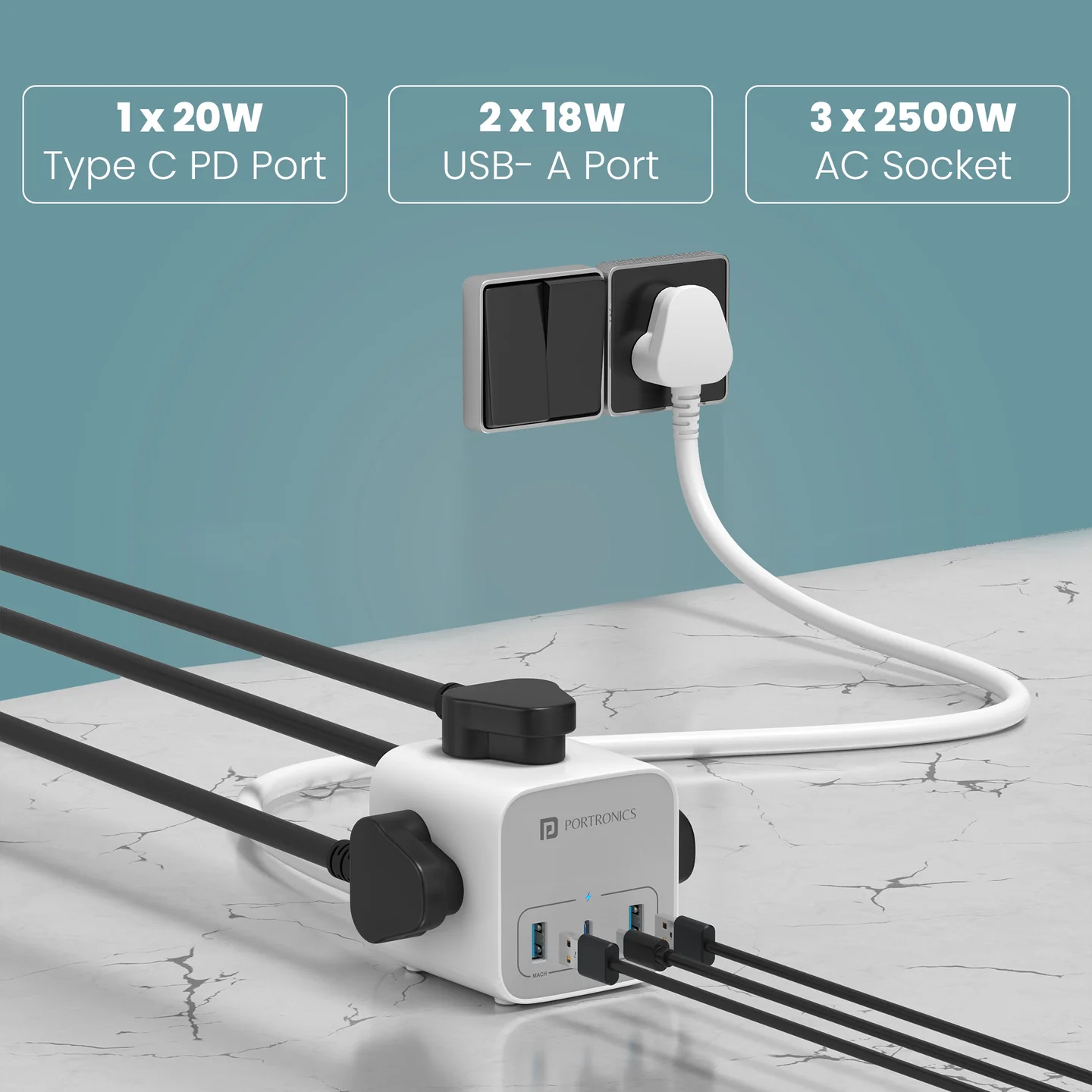 Portronics Volt 20 2500W Power Socket with 20W Type-C PD - Image 2